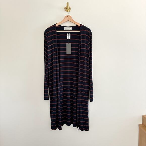 Sinuous Striped Open Front Side Slit Duster Cardigan Blue/Red S - Picture 1 of 9